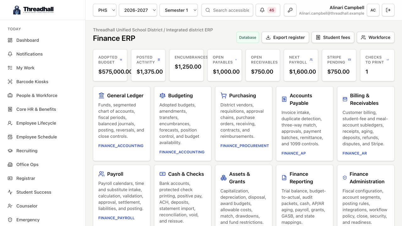 Threadhall finance ERP workspace