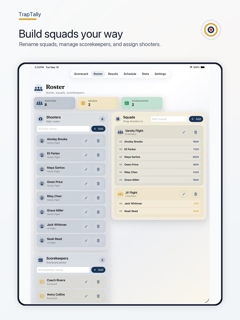 TrapTally roster management screen