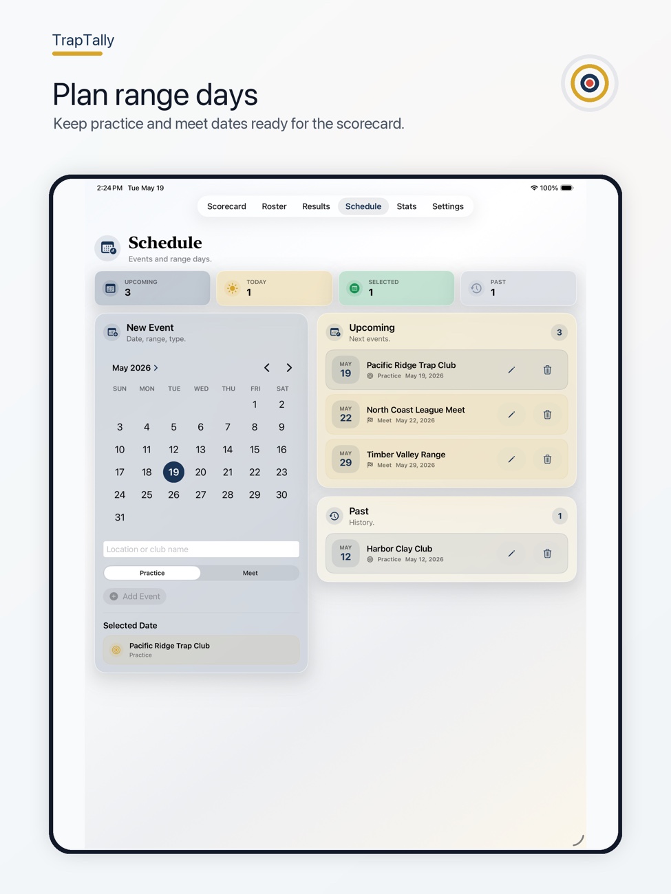 TrapTally schedule screen